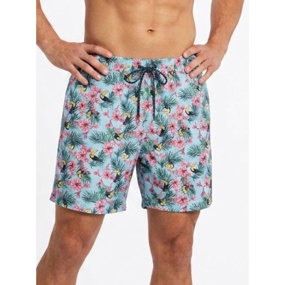 NWT Tropical Tenth + Ocean Aqua Toucan Hibiscus Swim Trunks Size L Large